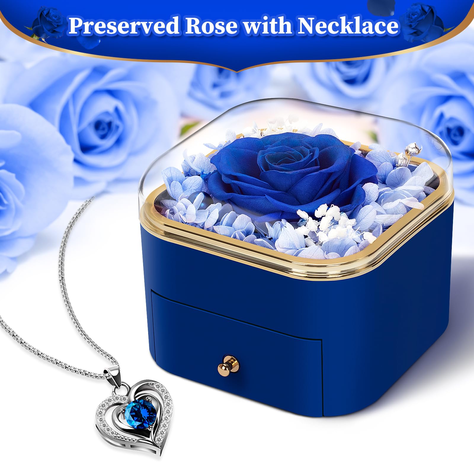 Real Preserved Rose with Heart Necklace - Romantic Eternal Flower Gift for Women, Girlfriend, Wife, Mom, Grandma - Birthday, Anniversary, Christmas Present - Perfect for Special Occasions & Keepsake (Blue)