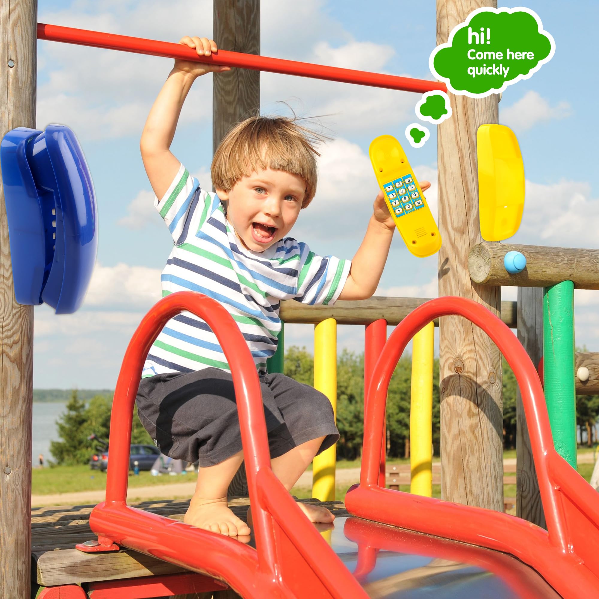 4 Pack Plastic Pretend Playground Phone Toys with Numeric Key - Outdoor Swing Set Accessories for Toddlers & Kids - Treehouse, Playhouse, Backyard Fun (Yellow & Blue) - Perfect for Imaginative Play & Outdoor Adventures