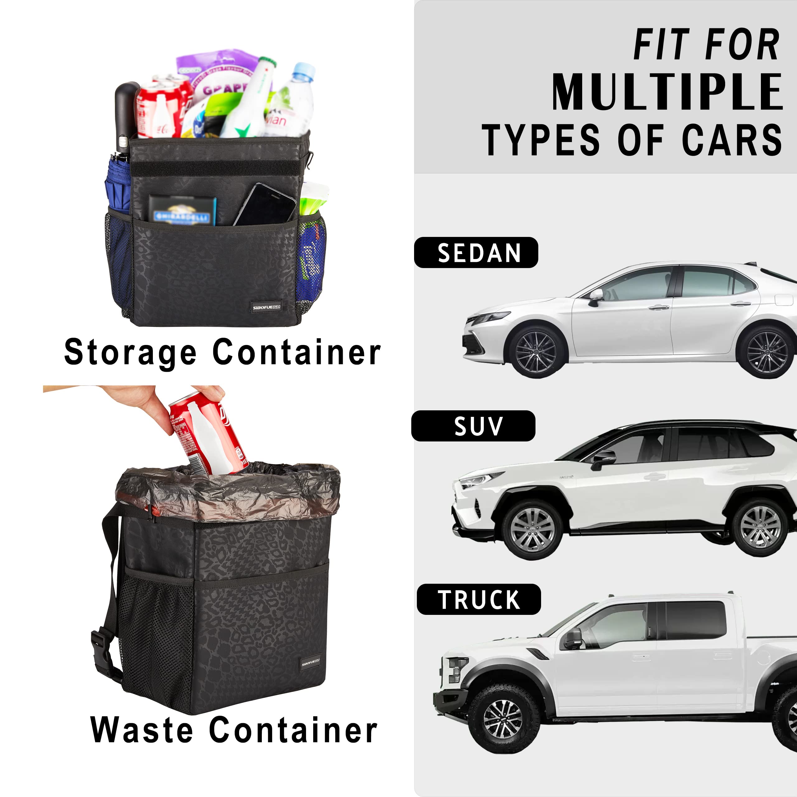 Black Leopard Car Trash Can with Lid – 2 Gallon Collapsible, Leak-Proof & Waterproof Car Garbage Bin with Storage Pockets & Adjustable Straps – Perfect for Road Trips, Commuting & Keeping Your Vehicle Clean