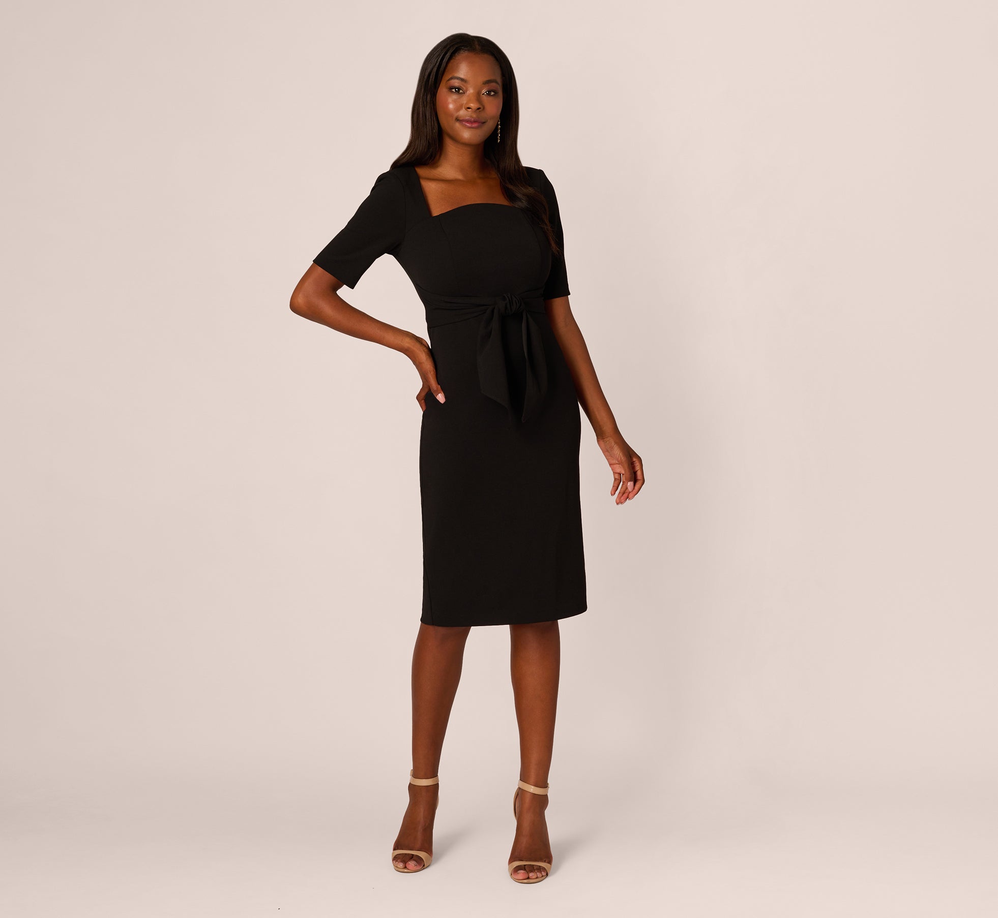 Black Three Quarter Sleeve Ruffle Mock Neck Trapeze Dress - Elegant Casual Wear for Office, Date Night & Special Occasions