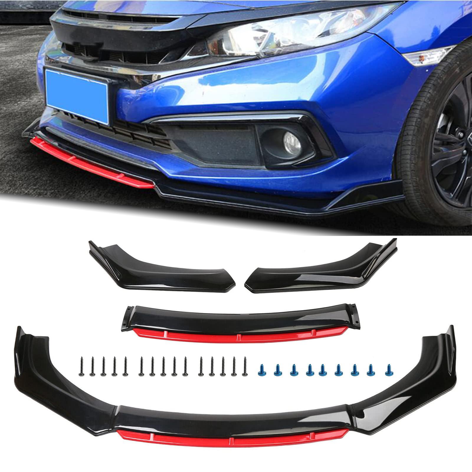 Universal ABS Gloss Black Front Bumper Lip Spoiler Splitter Diffuser Protector for Cars - Red | Exterior Car Body Kit Accessories | Enhances Aerodynamics & Style for Sports Cars, Sedans, and Tuner Vehicles