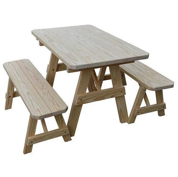 Unfinished Yellow Pine Traditional Dining Table with 2 Benches - Rustic Farmhouse Kitchen & Dining Room Furniture Set for Country Style Homes