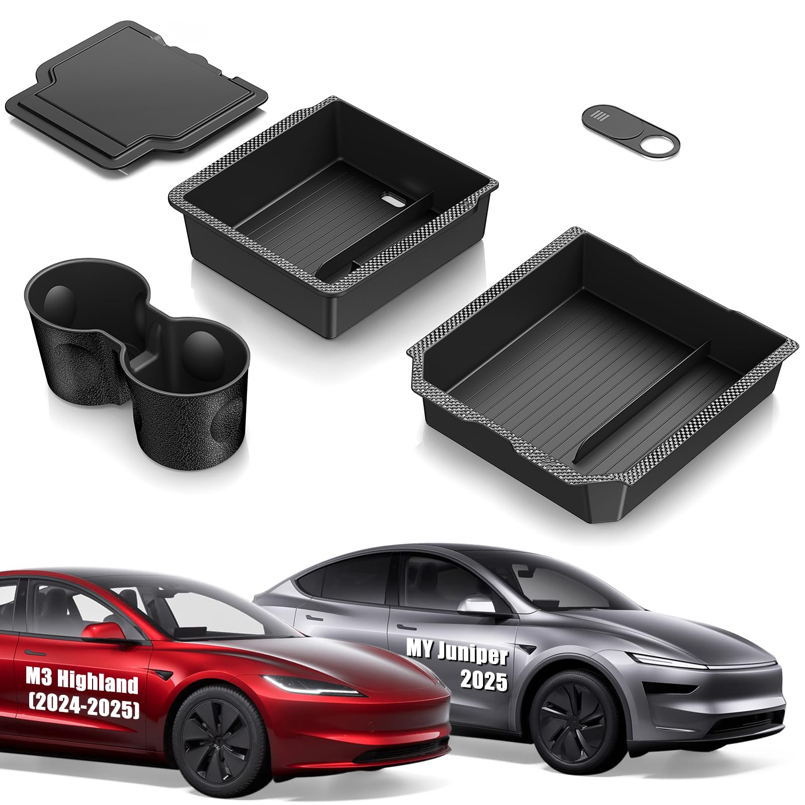 Premium Tesla Model 3 & Y Center Console Organizer Set (5-Piece) - Hidden Storage Box, Cup Holder & Armrest Drawer Tray for 2024-2025 Highland/Juniper Models - Perfect for Road Trips & Daily Commute Organization