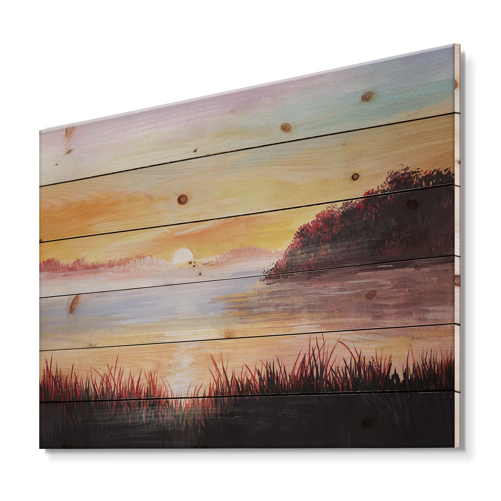 DesignQ Nautical & Coastal Wood Wall Decor - Lake with Reeds Landscape Art on Natural Pine Wood, Large Yellow Wood Wall Panels for Home & Office Decoration | Perfect for Living Room, Bedroom, or Coastal-Themed Spaces