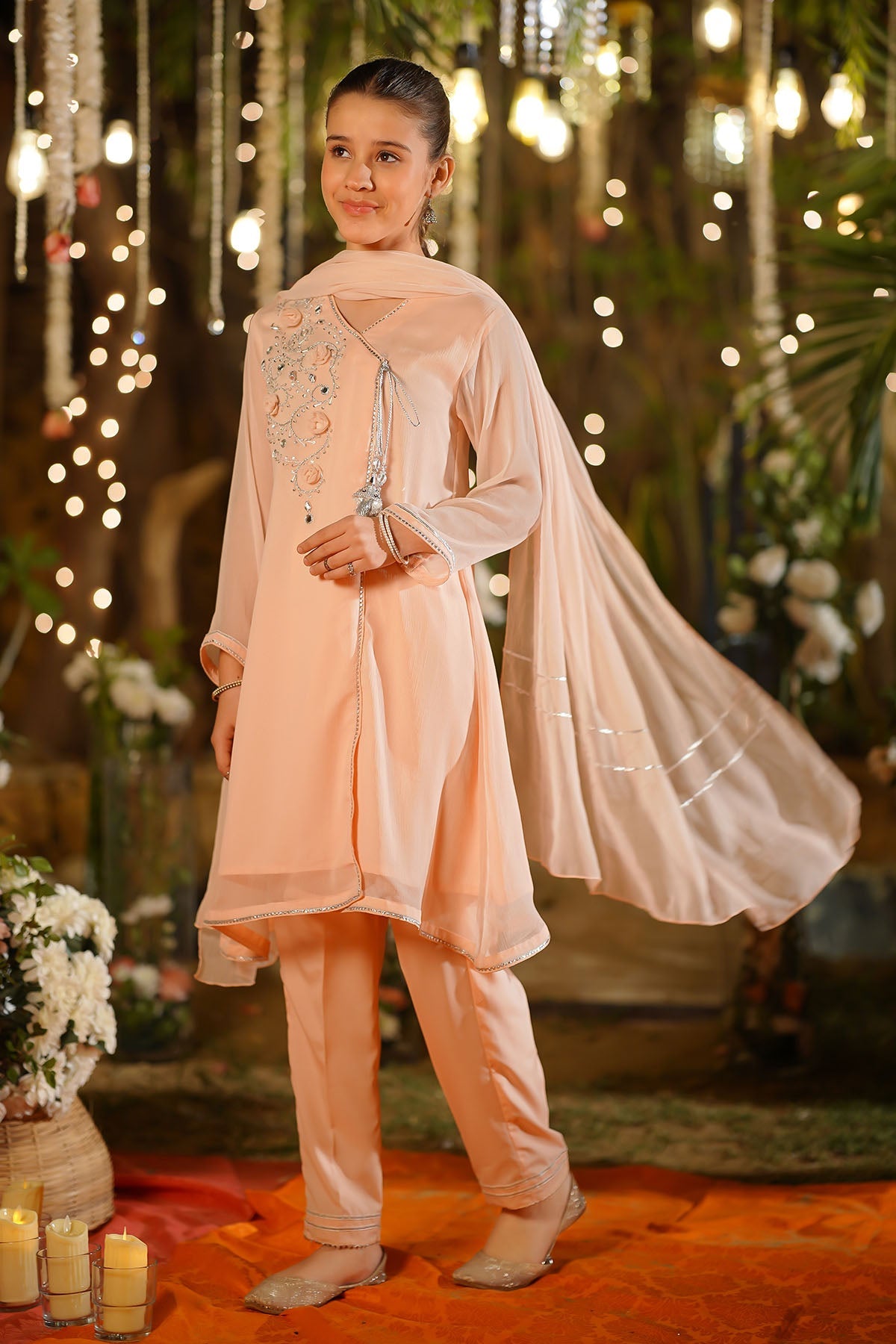 Elegant Chiffon Hand Embroidered Peach Stitched Suit in Ochre - Perfect for Weddings, Parties & Special Occasions