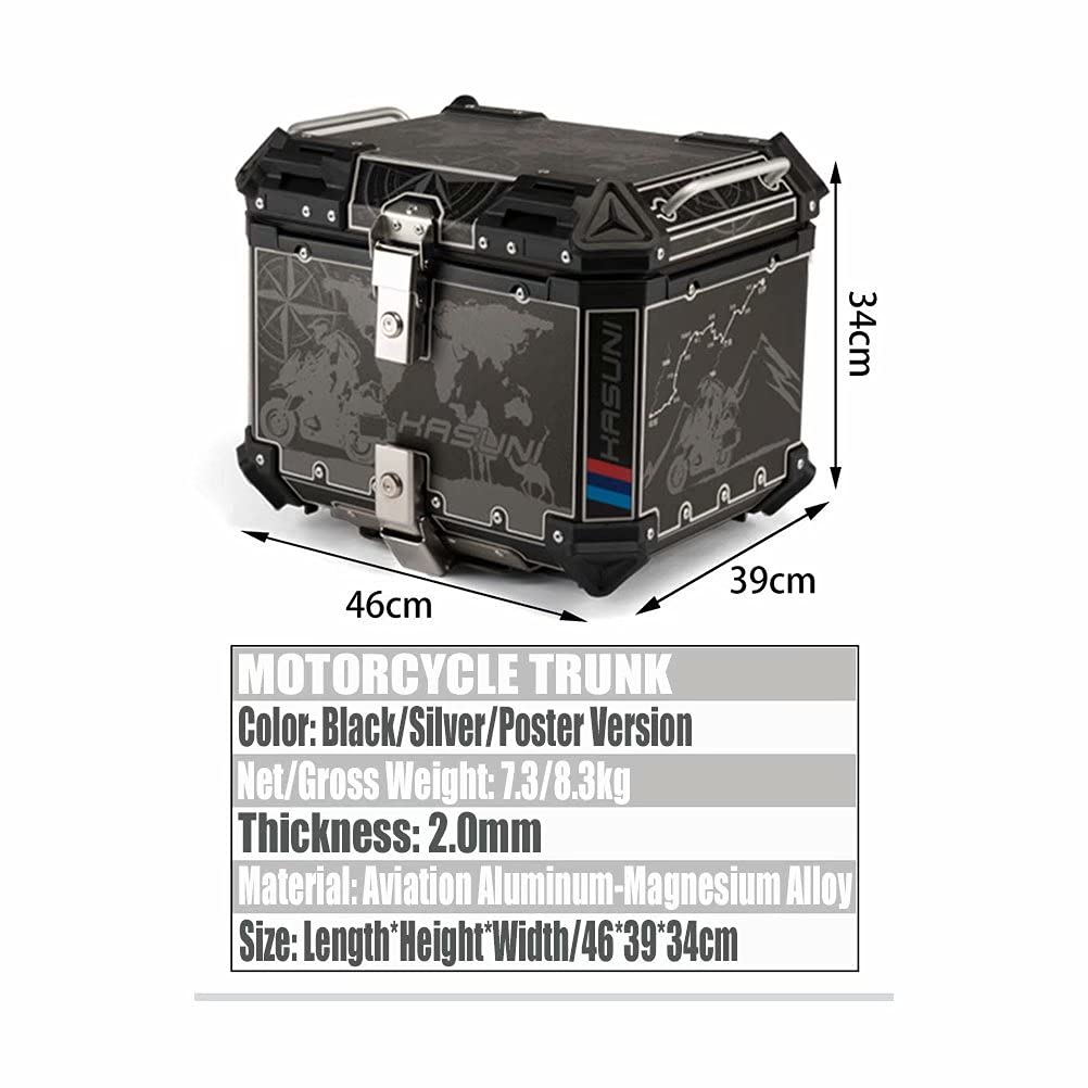 Aluminum Motorcycle Top Case - 50L Lockable Storage Box (46x39x34cm) with Mounting Hardware | Durable Touring Tail Trunk for Motorcycles | Perfect for Road Trips, Commuting & Adventure Riding