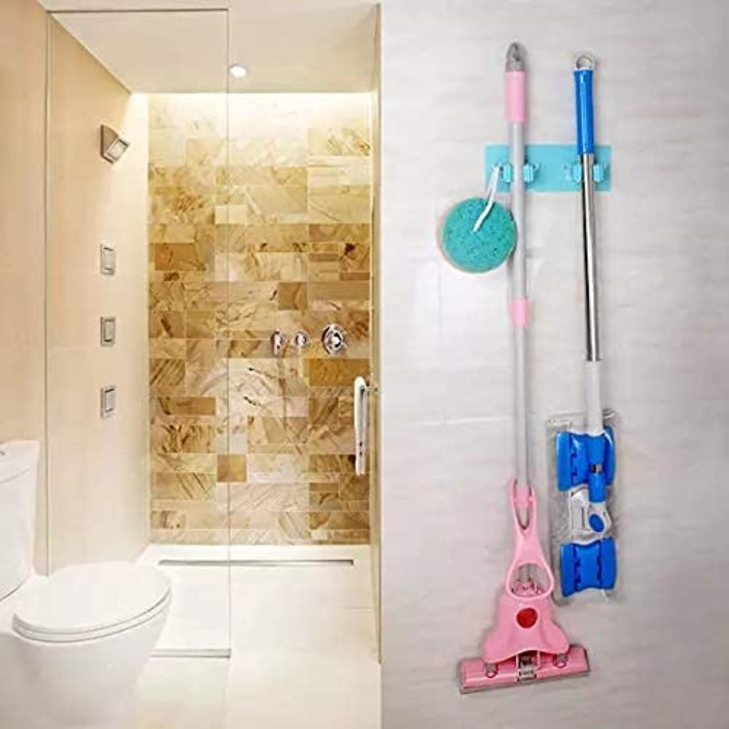 Scoovi™ Wall Mounted Mop and Broom Holder - 2 Slot Position with 2 Hooks, Multipurpose Organizer for Kitchen, Garden, Garage & Bathroom Storage - Space Saving Magic Holder for Brooms, Mops & Cleaning Tools