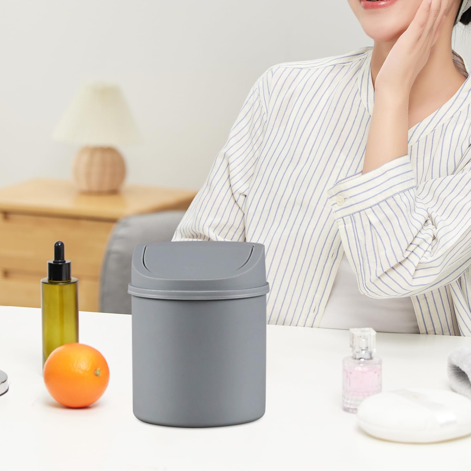 2L Plastic Mini Desktop Trash Can with Swing Lid - Small Waste Bin for Office, Bedroom, Bathroom | Compact Gray Garbage Can for Home, Desk, Car & Dorm Room Organization