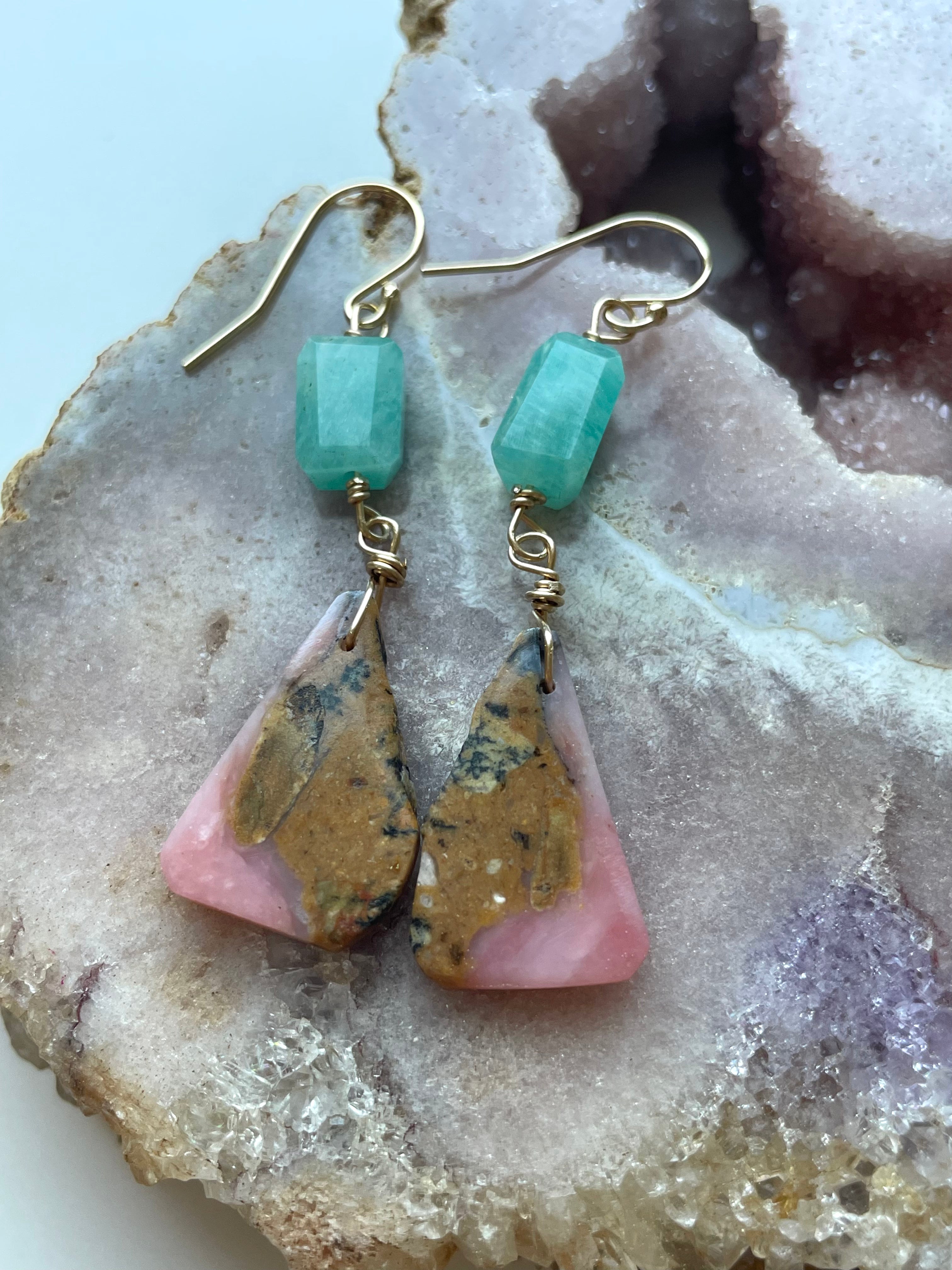 Unique Amazonite & Pink Opal Dangle Earrings in Gold Fill - Handmade Crystal Jewelry for Women - Perfect for Weddings, Parties & Special Occasions