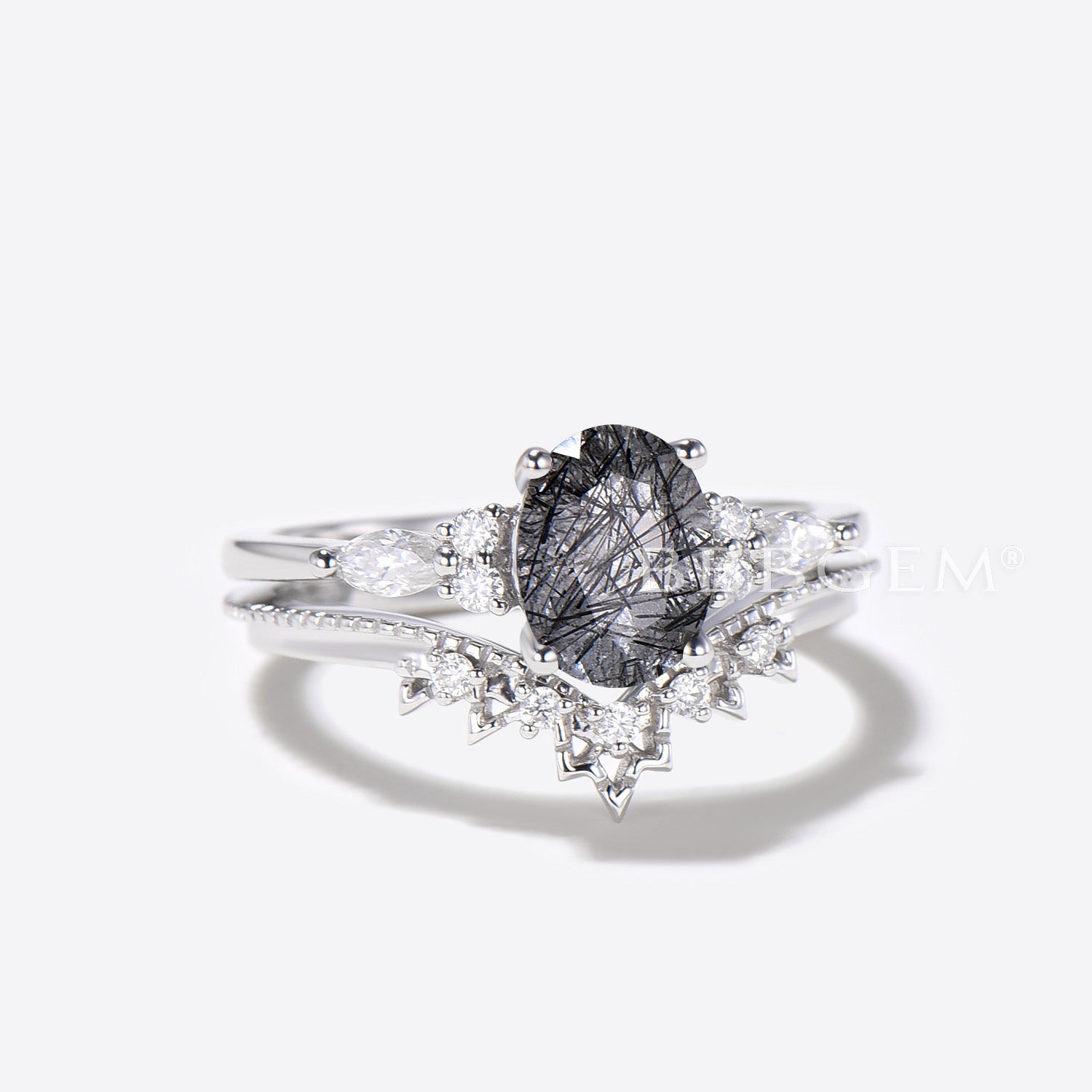 Oval Black Rutilated Quartz Engagement Ring - 14K White Gold Moissanite Bridal Set for Women - Perfect for Weddings, Anniversaries & Romantic Proposals