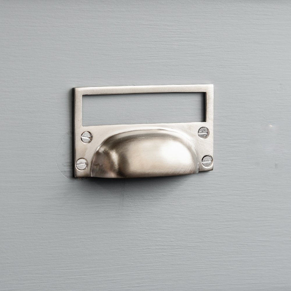 Satin Nickel Drawer Pulls with Card Frame - Elegant Hooded Cabinet Handles for Kitchen, Bathroom & Office Furniture - Easy Installation & Durable Finish
