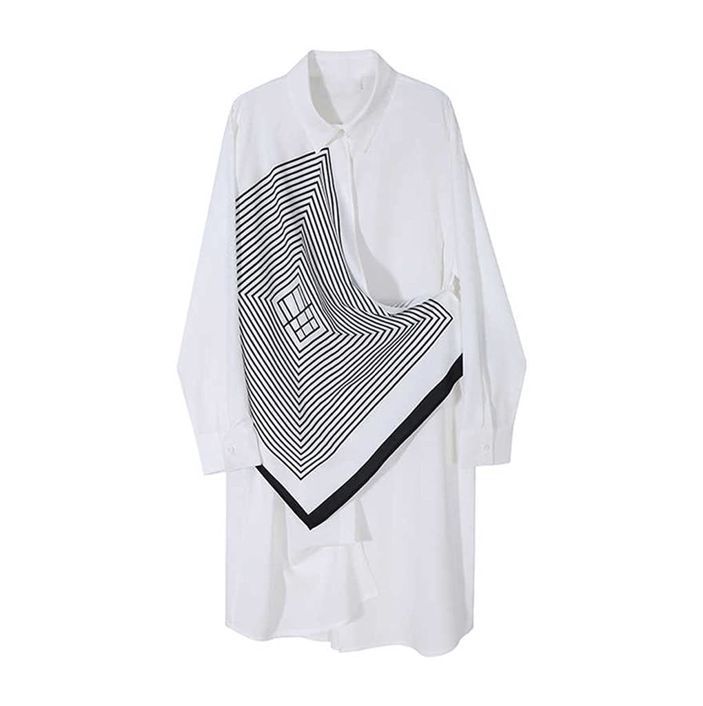 YFQHDD Women's White Printed Pattern Plus Size Dress with Lapel Long Sleeves - Loose Fit Fashion Trend for Spring & Autumn | Perfect for Office Wear, Casual Outings & Special Occasions (Color: White, Size: One Size)