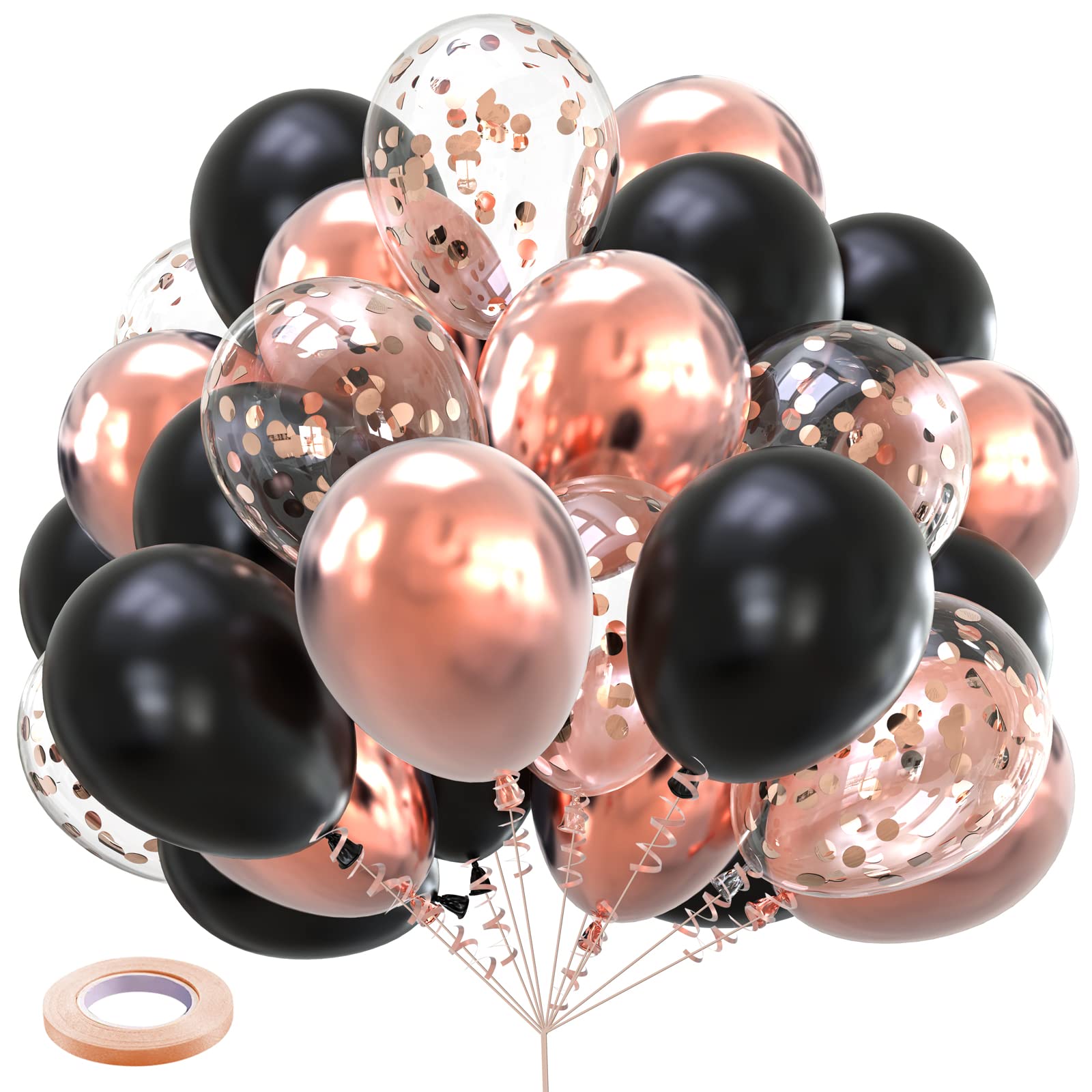 60Pcs 12 Inch Matte Black & Rose Gold Confetti Balloons Bulk - Elegant Latex Balloons for Birthday Party, Wedding, Bridal Shower, Anniversary & Prom Decorations - Perfect for Indoor/Outdoor Events & Photo Backdrops