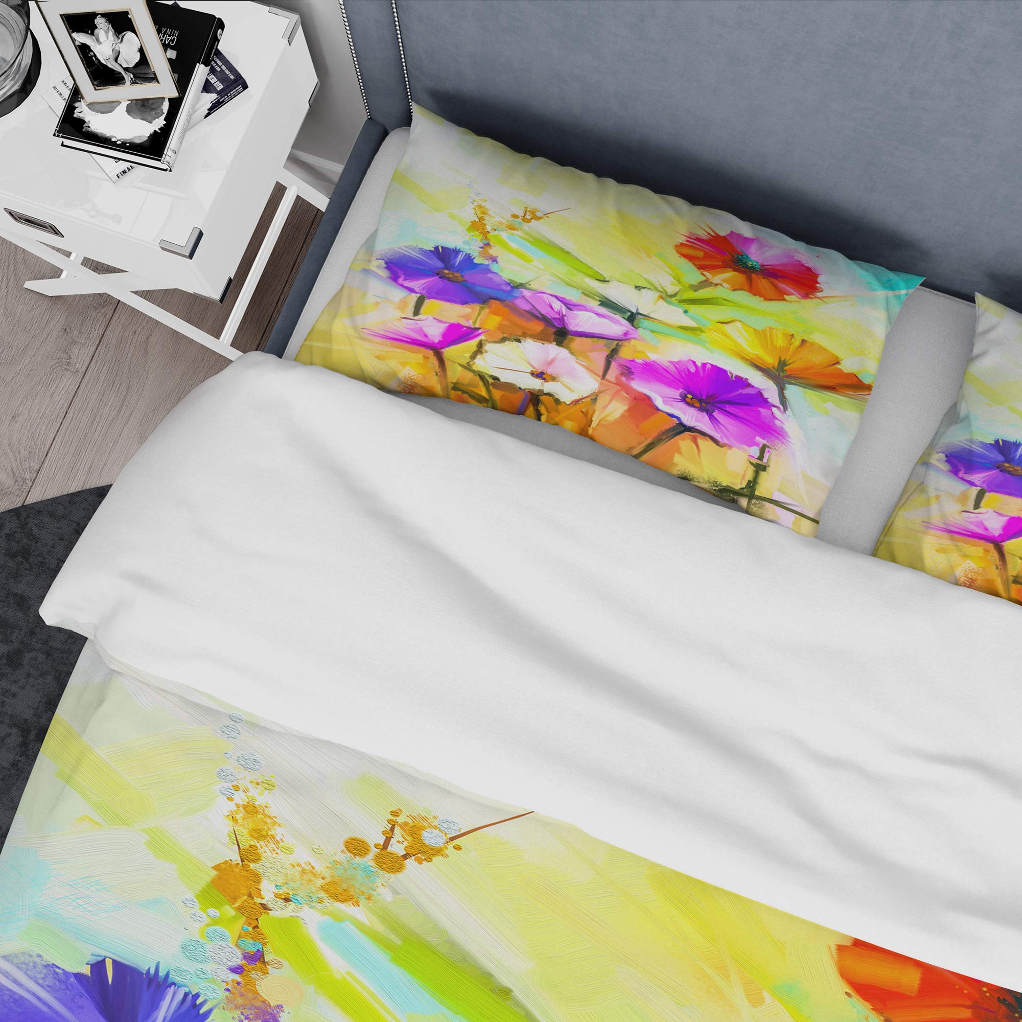 DesignQ Yellow Gerbera Flowers Painting Nautical Duvet Cover Set King - 3 Piece Floral Bedding Set for Coastal Decor | All Season Comfort for Master Bedroom & Guest Room