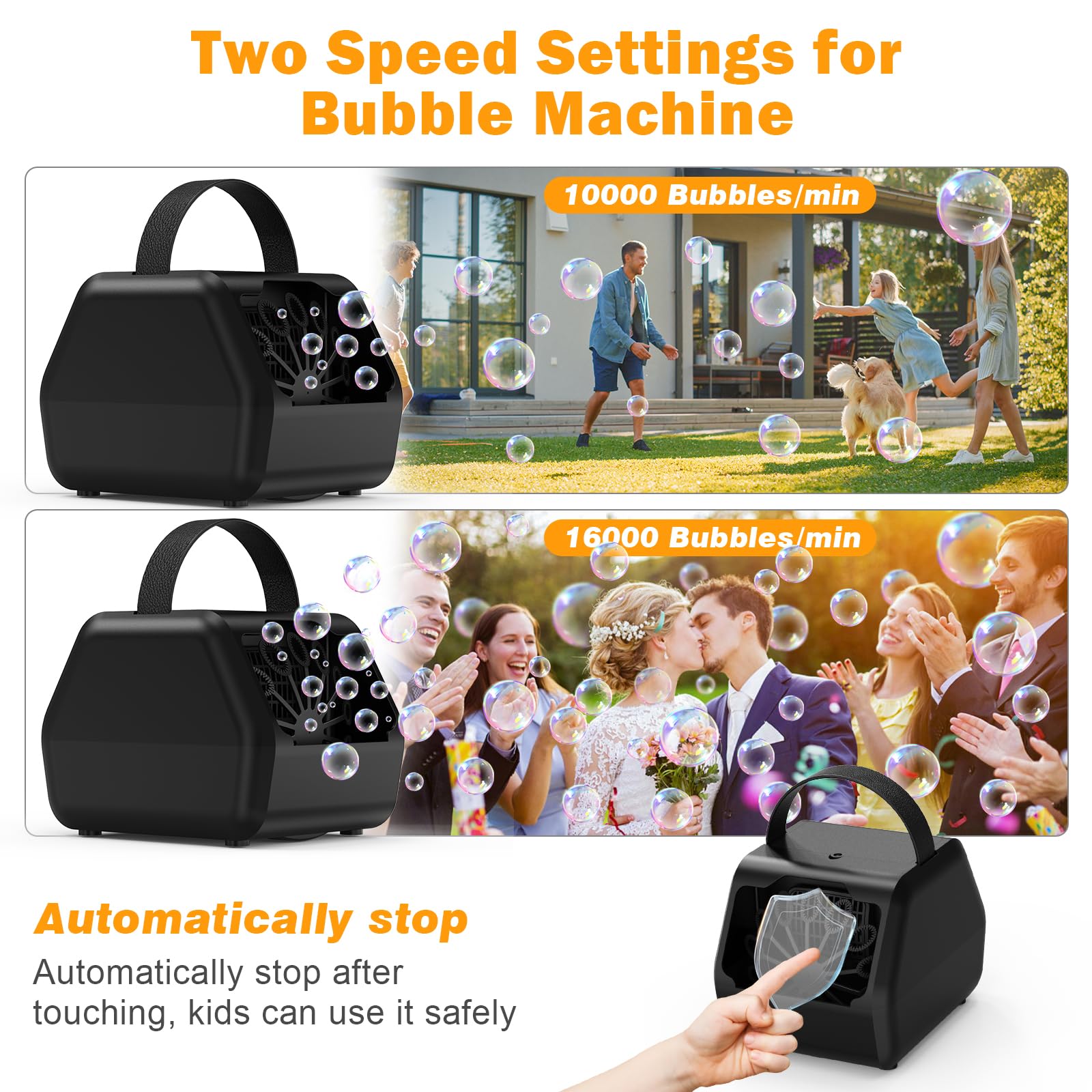 Rechargeable Bubble Machine for Kids - 16000+ Bubbles Per Minute with 2 Speed Settings | USB/Battery Operated Outdoor Bubble Blower for Birthday Parties, Weddings, Backyard Fun (Black) - Perfect for Summer Outdoor Play, Kids Entertainment, and Event Decorations