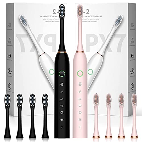 Sonic Electric Toothbrush for Adults & Kids - 2 Pack with 8 Brush Heads, IPX7 Waterproof, 6 Cleaning Modes (42,000 VPM) - Black & Pink - Perfect for Travel, Home & Family Oral Care