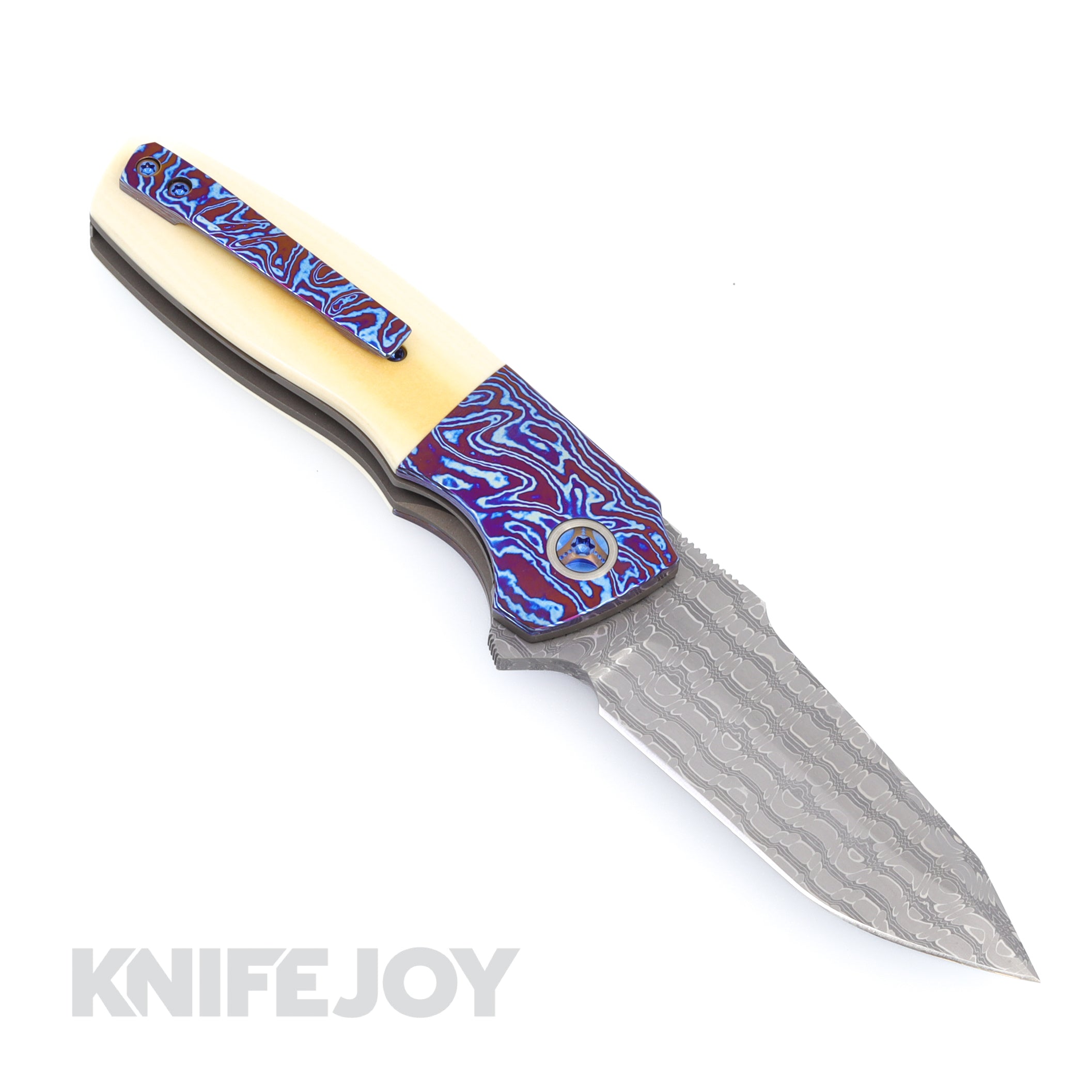 Premium Kirby Lambert Ghost Folder Knife - Damascus Steel Blade, Vintage Micarta Handles, Mokume Bolster & Clip, Mother of Pearl Accents - EDC, Camping, Hunting & Collectible Knife for Outdoor Enthusiasts