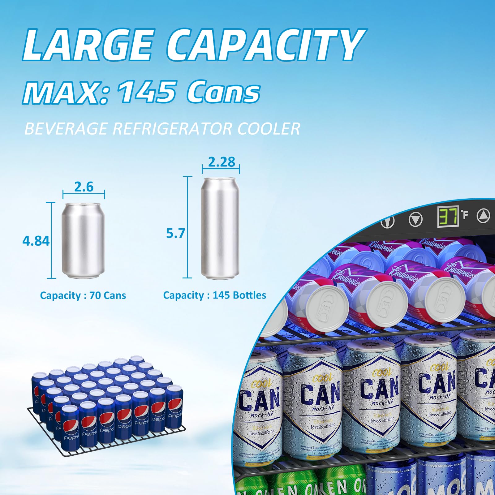 4.5 Cu Ft Mini Fridge - 145 Can Capacity Freestanding Beverage Cooler with Glass Door, Adjustable Shelves & Digital Display - Perfect for Soda, Beer, Wine Storage in Home, Office, Dorm or Bar