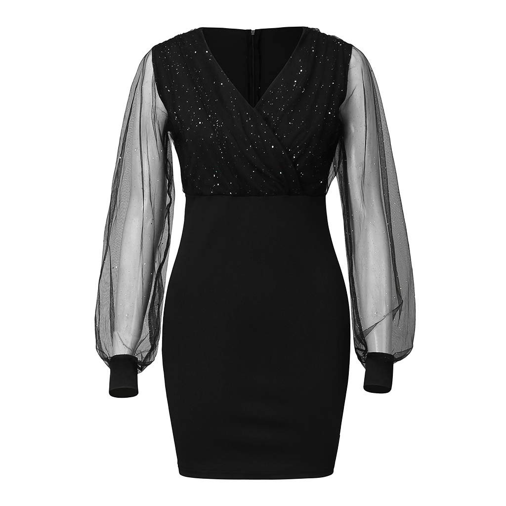 Sparkly Sequin Mini Dress for Women - Deep V Neck Glitter Club Dress, Elegant Long Sleeve Cocktail Party Dress | Perfect for Night Out, New Year's Eve, Prom & Special Occasions