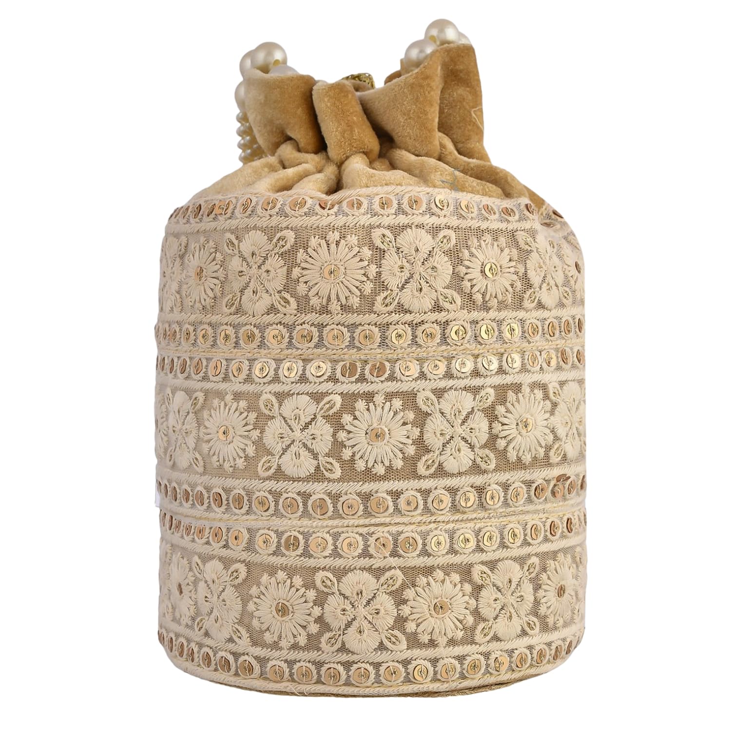 Luxury Velvet Lucknowi Embroidered Potli Bags for Women - Traditional Indian Ethnic Drawstring Purse with Pearl Handle - Perfect for Weddings, Parties & Festivals - Golden    (Ideal for bridal accessories, cultural events, Diwali celebrations, and as elegant gift packaging)