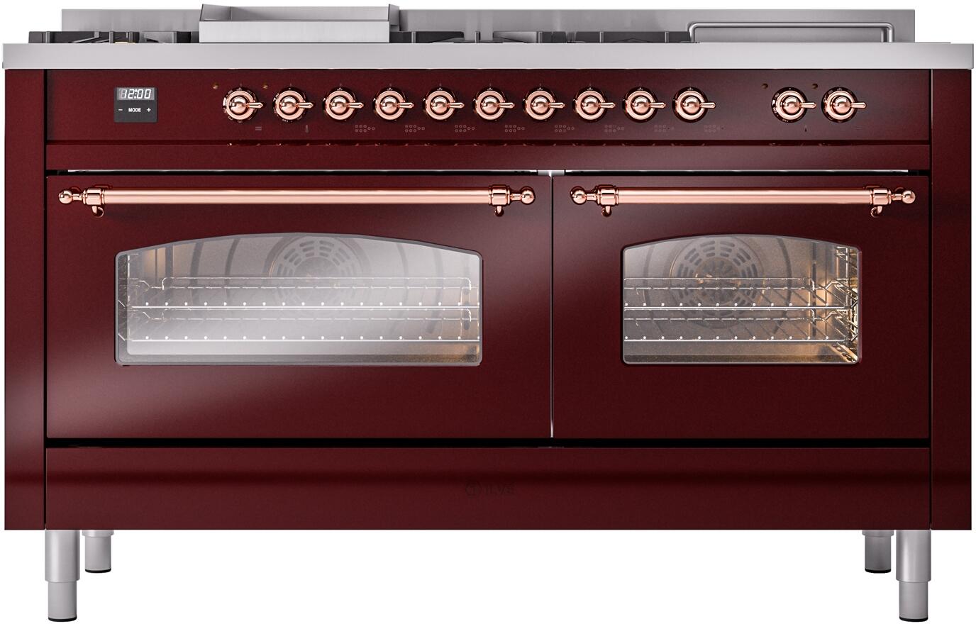 ILVE Nostalgie II 60-Inch Dual Fuel Natural Gas Range with Copper Trim - Burgundy (UP60FSNMPBUP) | Professional Gas Stove for Home Kitchen, Restaurant & Culinary Enthusiasts