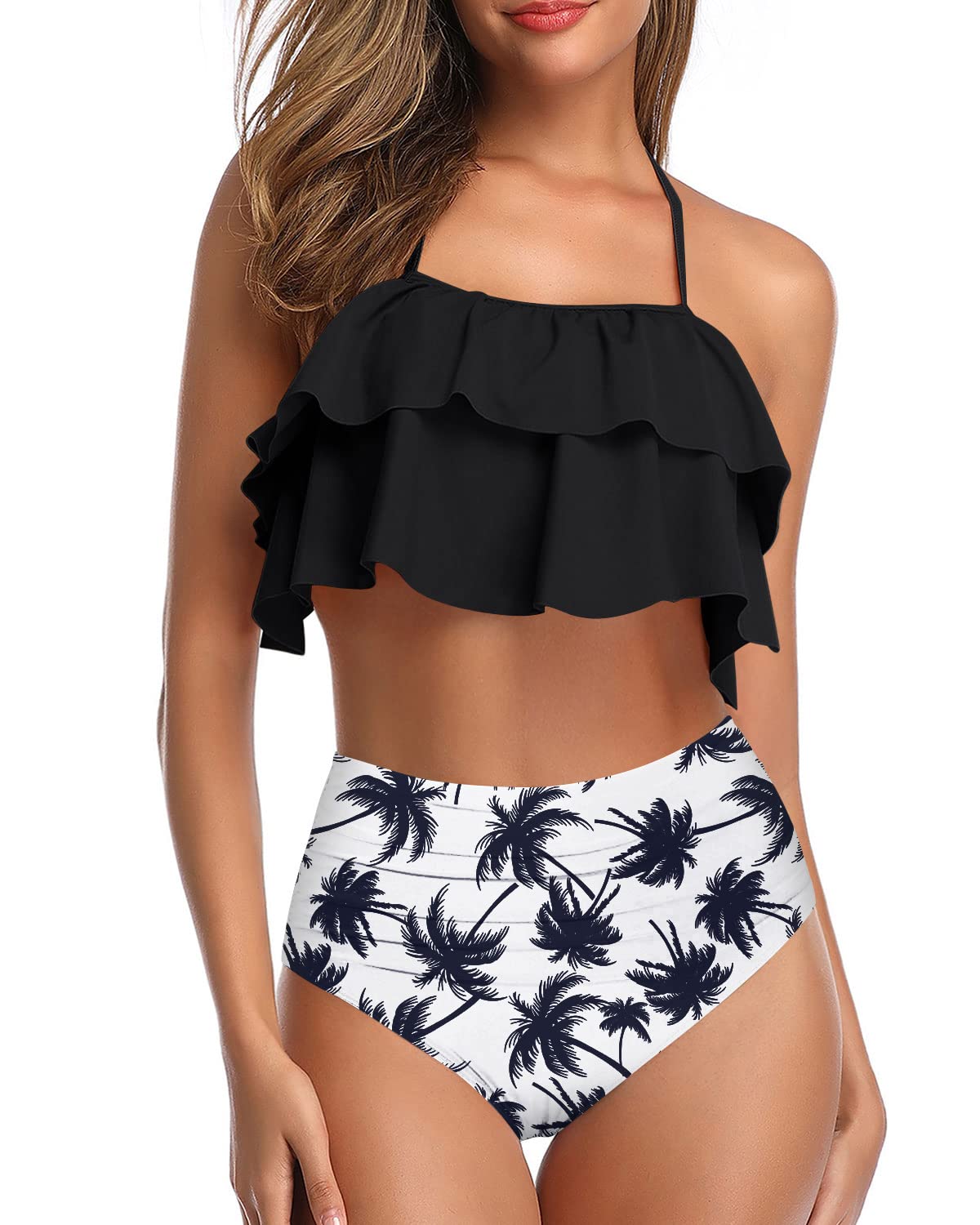 Tempt Me Women's High Waisted Bikini Set - Ruffle Tummy Control Two Piece Swimsuits | Halter Bathing Suits for Teens & Women | Perfect for Beach Vacation & Pool Party