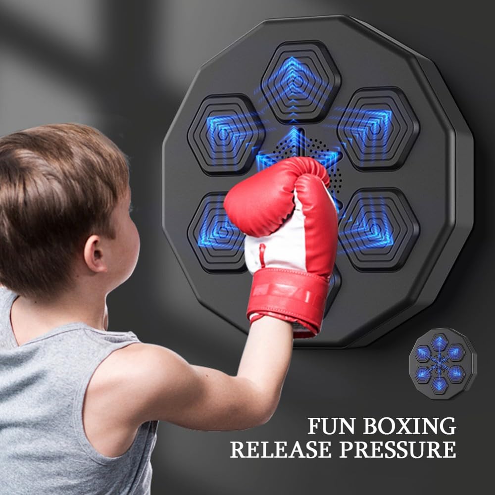 Smart Wall Mounted Boxing Machine with Music - Boxing Training Equipment for Hand-Eye Coordination & Reaction - Perfect for Kids & Adults (Black+Red Gloves Included) - Ideal for Home Gyms, Boxing Training & Fitness Workouts