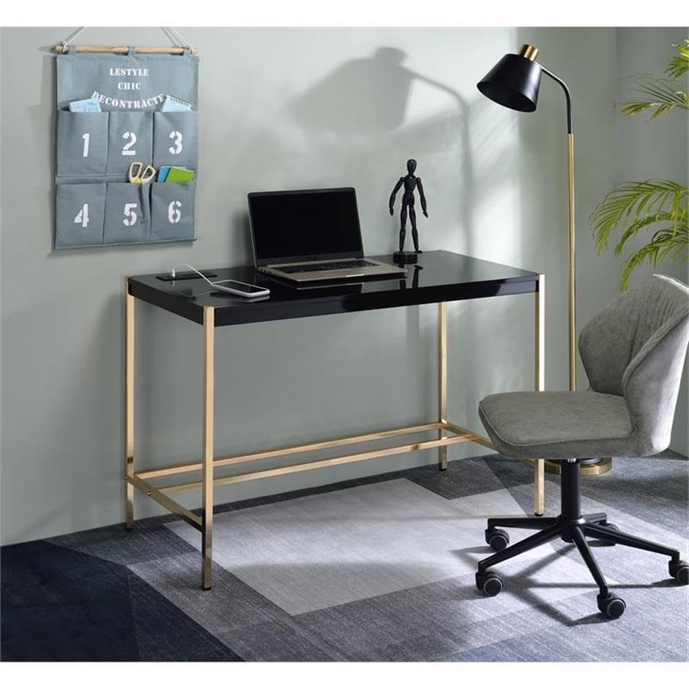 Acme Midriaks Modern Wooden Writing Desk with USB Port - Black & Gold Finish for Home Office, Study & Workspace
