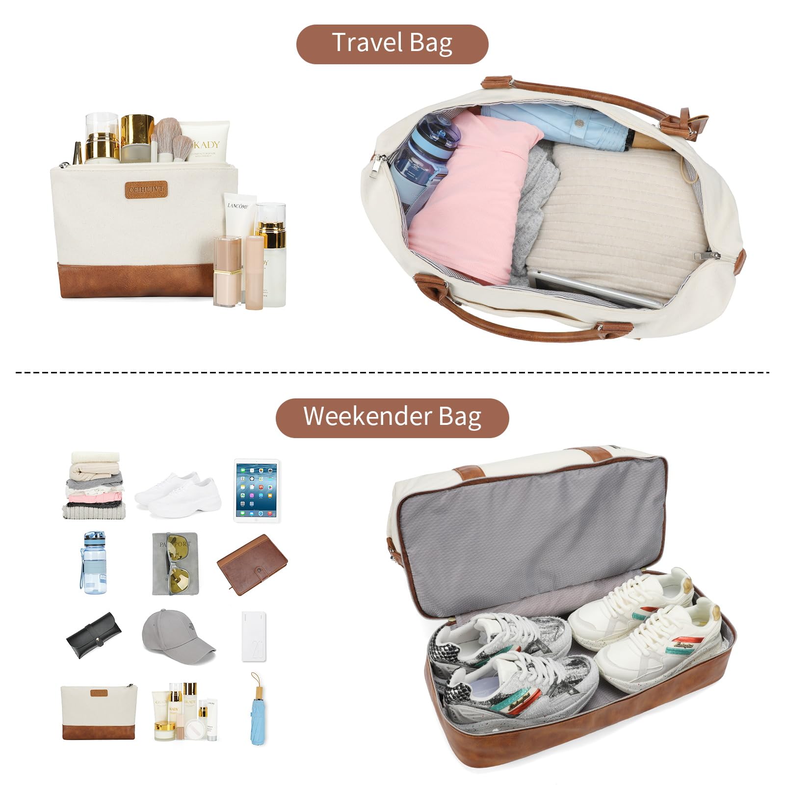 Oeihuivt Women's Weekender Bag with Shoe Compartment - Large Capacity Travel Duffel Bag & Overnight Bag (2-Piece Set) - Perfect for Weekend Getaways, Business Trips & Gym Use