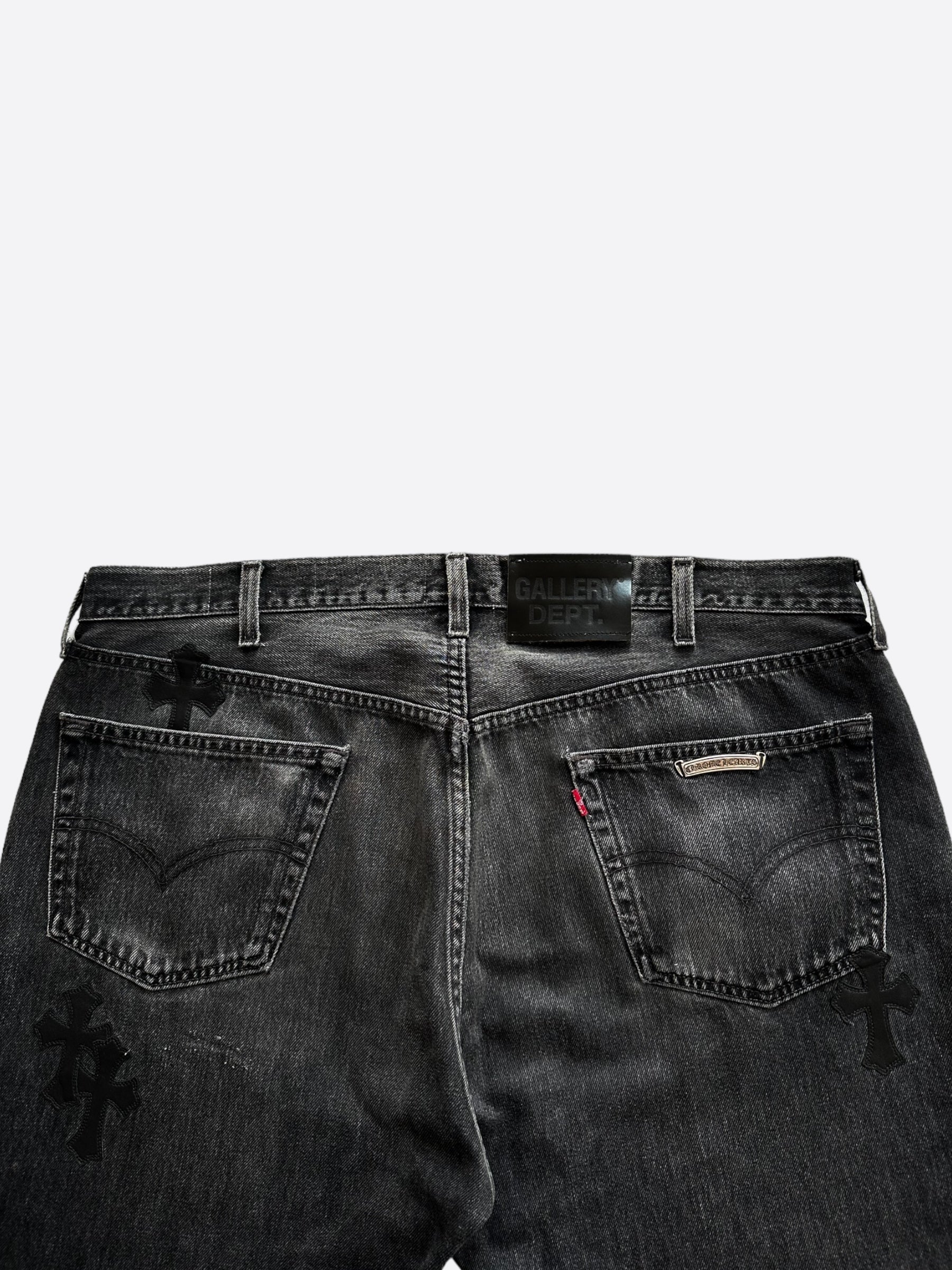 Chrome Hearts x Gallery Dept x Levis Grey & Black Cross Patch Distressed Jeans for Men - Vintage Denim Pants with Unique Design, Perfect for Streetwear & Casual Outfits
