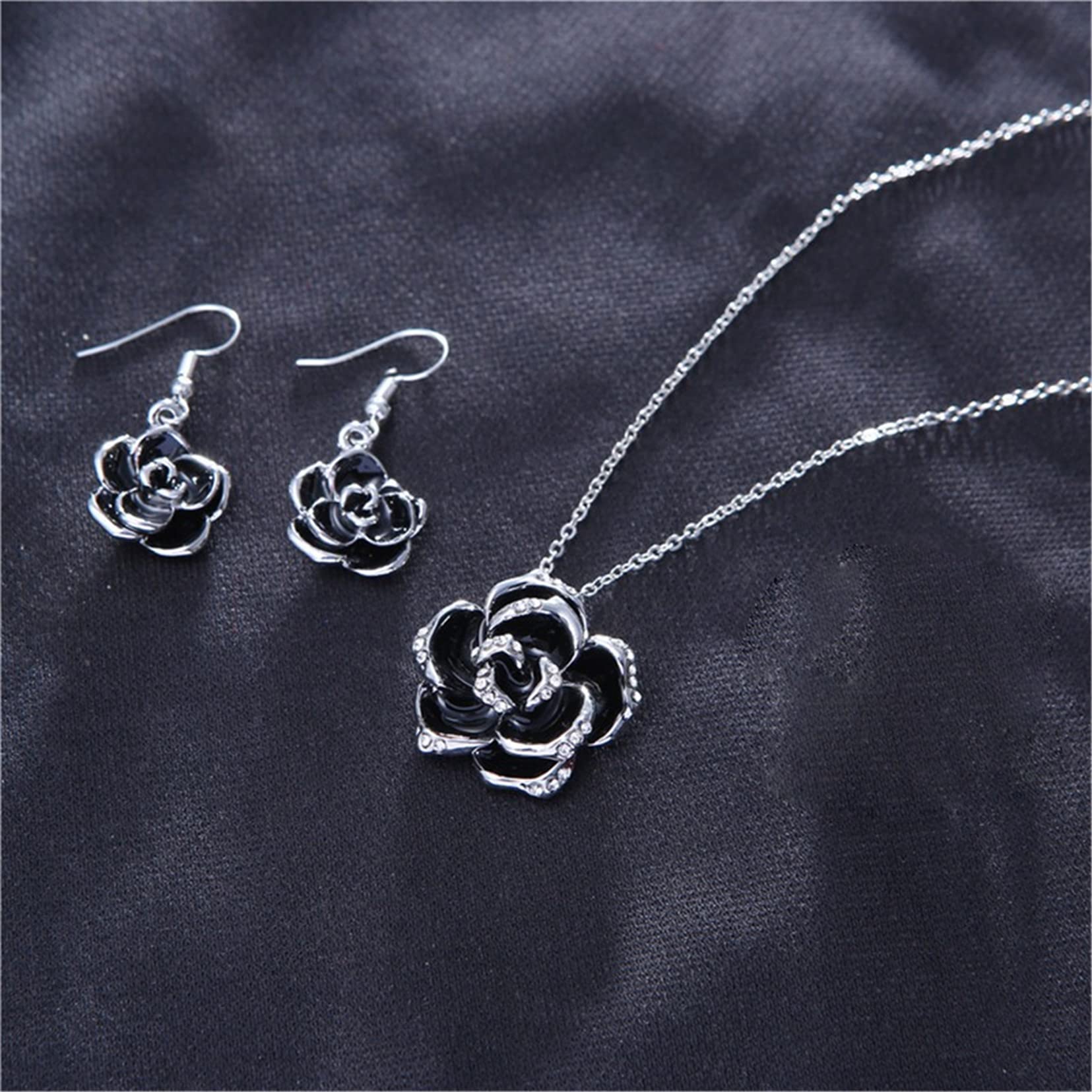 Black Rose Camellia Jewelry Set for Women - Elegant Flower Pendant Necklace & Dangle Earrings Set, Fashion Bridal Wedding Gift | Perfect for Anniversary, Valentine's Day & Special Occasions