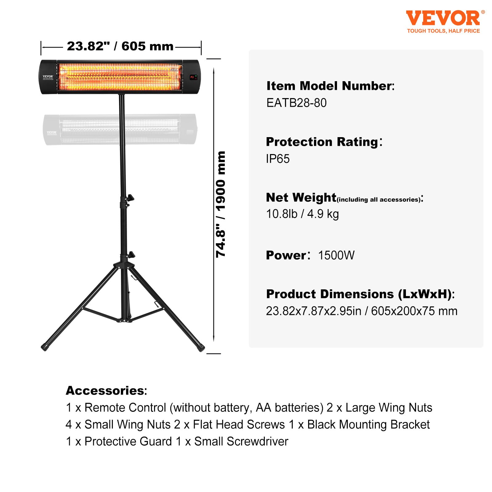 VEVOR 1500W Infrared Heater with Remote Control - 3 Speed Electric Space Heater with LED Display, Timer & Stand - Ceiling/Wall Mountable Patio Heater for Outdoor/Indoor Use - Perfect for Porch, Dining Room, Studio, Garage & Office Warming