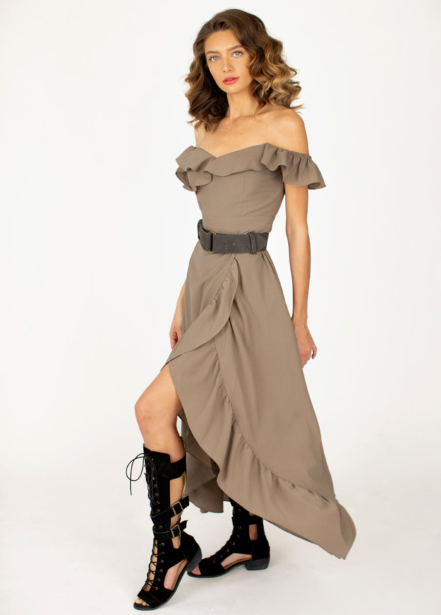 Rah Dress in Taupe - Elegant Women's Casual Midi Dress for Summer, Fall, and Special Occasions | Perfect for Weddings, Parties, and Office Wear
