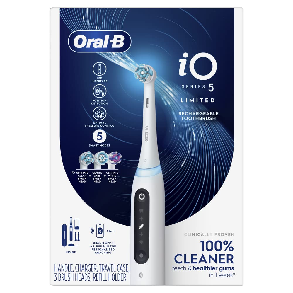 Oral-B iO5 Deep Clean + Whitening Rechargeable Electric Toothbrush with Pressure Sensor - 5 Modes, 2-Min Timer, 3 Brush Heads, Travel Case & Holder (White) - Perfect for Home Use, Travel & Teeth Whitening