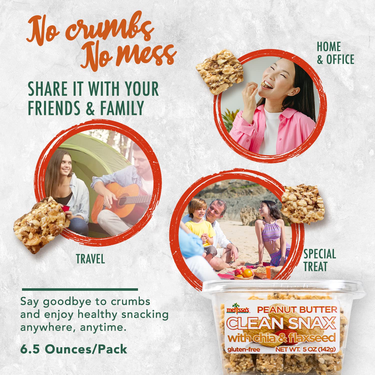Melissa's Clean Snax® Gluten-Free Healthy Snacks with Chia and Flaxseed - All Natural, No Artificial Flavors, Low Sodium Crispy Snacks (5 Pack, Peanut Butter) - Perfect for Office, School & On-the-Go Healthy Snacking