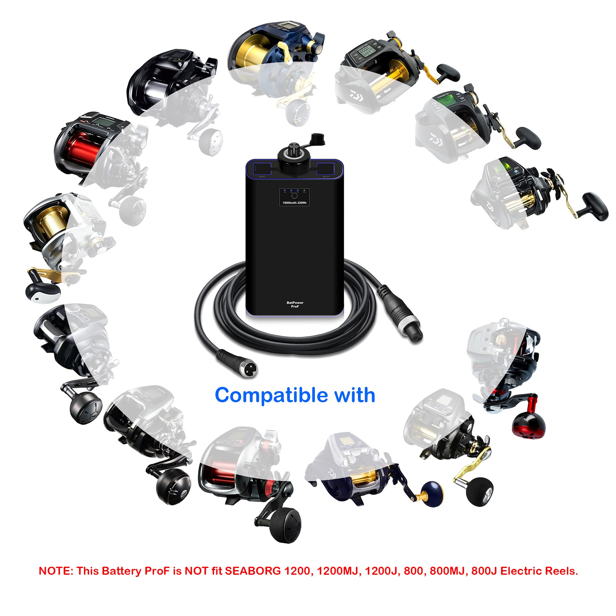 BatPower Prof 15Ah/7.8Ah Rechargeable Fishing Reel Battery for Daiwa Tanacom, Seaborg, Leobritz, Shimano Electric Reels - Includes Fast Charger - Perfect for Saltwater & Deep Sea Fishing