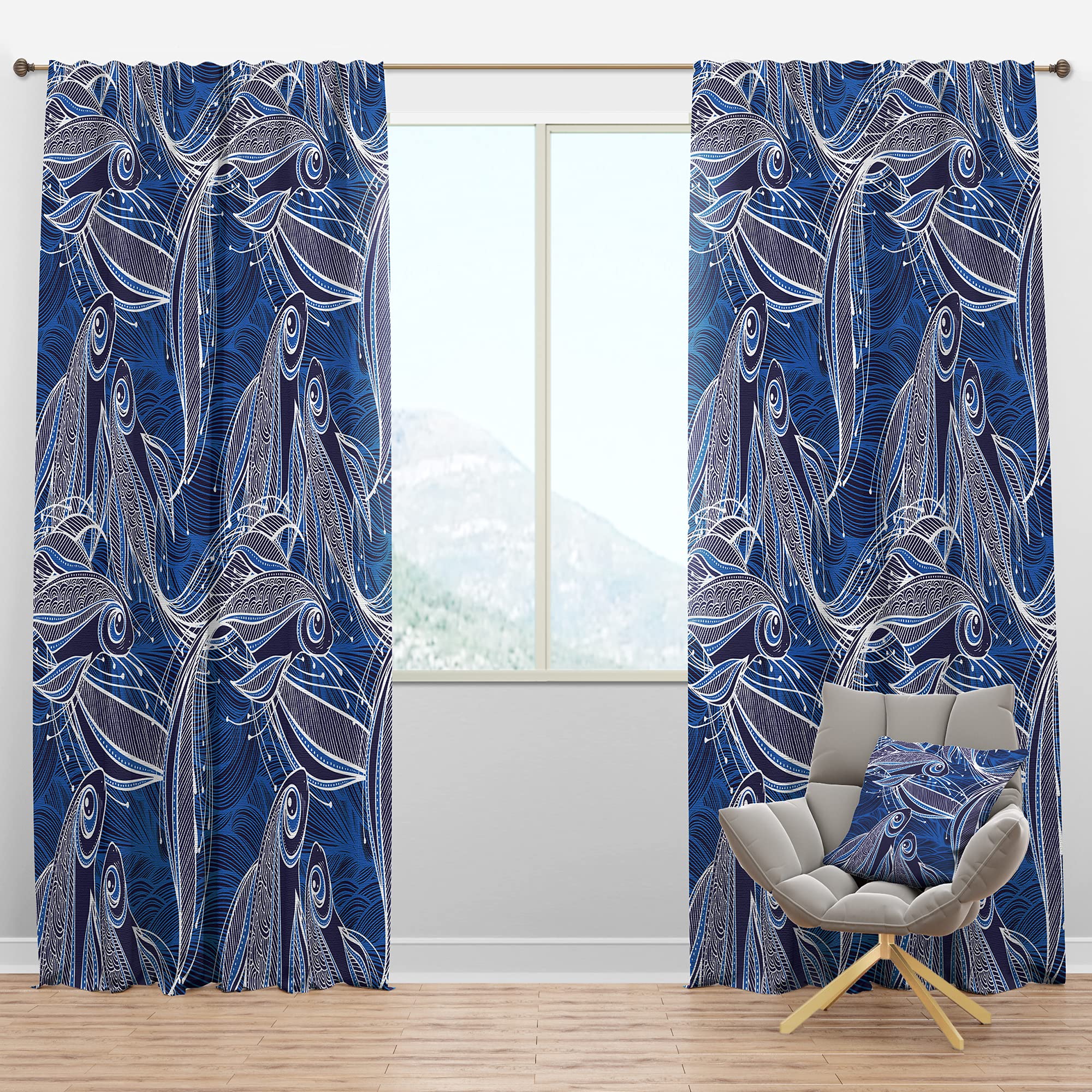 Blue Fish Pattern Blackout Curtains - Thermal Insulated Room Darkening Drapes for Bedroom & Living Room - Single Panel 52x84 Inches - Perfect for Light Sleepers & Home Theater Setup
