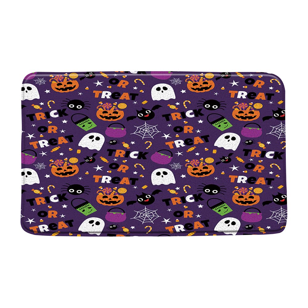 Funny Halloween Bath Mat - Ghost Pumpkin Treat or Trick Sugar Spider Design, Gothic Purple Holiday Bathroom Decor Rug, Non-Slip Toilet Floor Mat (17.7x29.5 Inch) - Perfect for Spooky Bathroom & Entryway Decorations
