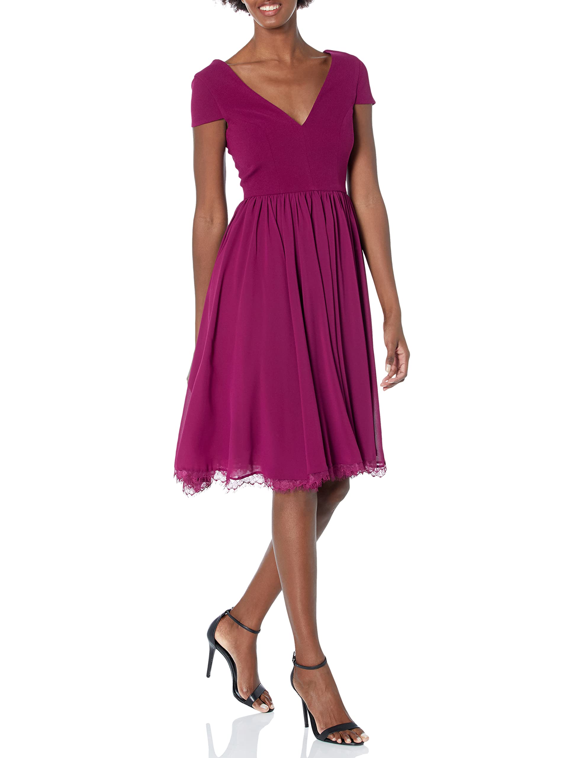 Dress the Population Women's Corey Plunging V-Neck Mixed Media Cap Sleeve A-Line Midi Dress for Cocktail Party & Evening Occasions