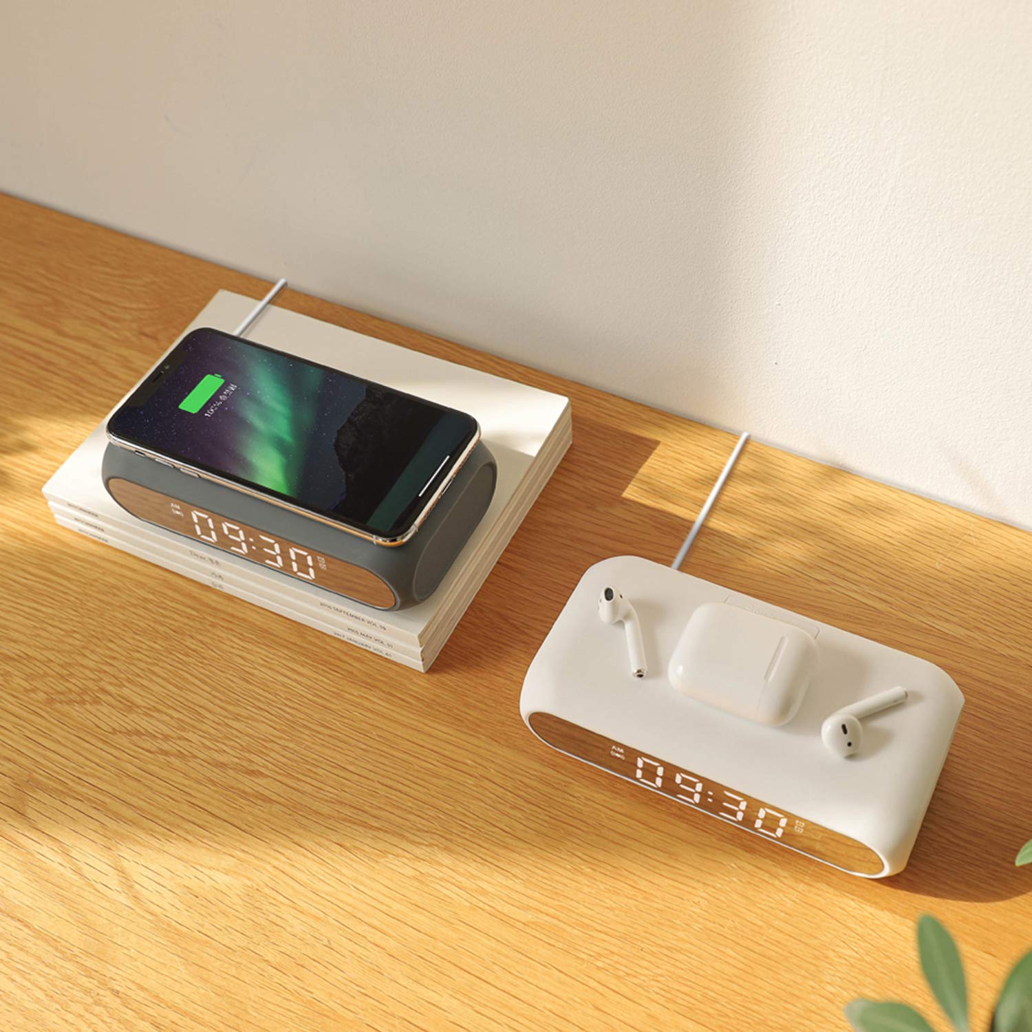 Mooas Qi Wireless Charging Digital Alarm Clock with Mirror - Slim Desk Clock for Bedroom, Office, Nightstand | Fast 10W Charger for iPhone 15/14/13 Pro, Samsung Galaxy S24/S23/S22, AirPods | USB Port & LED Display (Charcoal Gray) - Perfect for Home, Office, Travel and Gift Giving