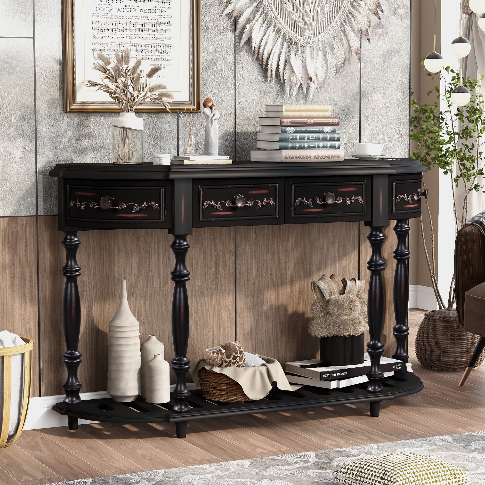 Vintage Farmhouse Round Console Table with 4 Drawers & Bottom Shelf - Entryway Sofa Table for Living Room, Hallway, Bedroom - Perfect for Small Spaces & Home Decor (Type J-Black)