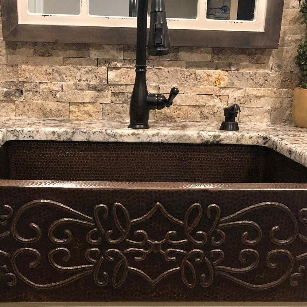Premier 30-Inch Copper Apron Front Single Basin Kitchen Sink with Scroll Design - Hammered Copper Finish (KASDB30229S) - Perfect for Farmhouse, Rustic & Vintage Style Kitchens