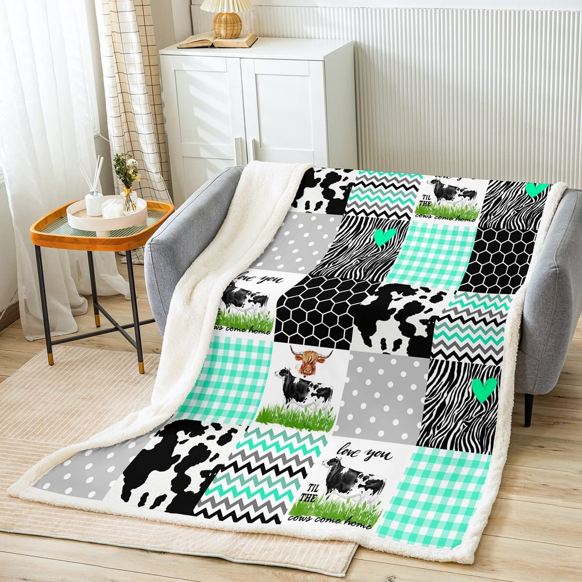 Cute Cow Print Fleece Throw Blanket - Soft Farm Animal Plush Blanket for Kids, Boys & Girls Room Decor - Black White Green Plaid Fuzzy Blanket - Baby Size 30x40 Inches - Perfect for Nursery, Bedroom, Sofa & Gift