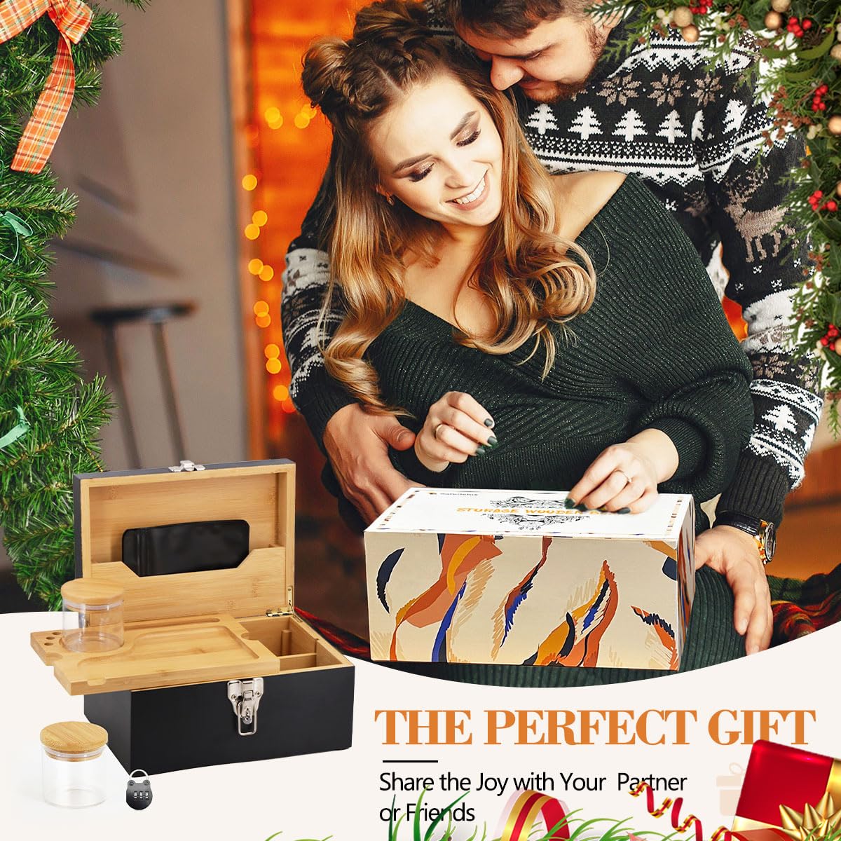 Large Bamboo Storage Box with Combination Lock - Decorative Locking Box with Detachable Compartment, Removable Tray, Jars & Resealable Bags - Perfect for Jewelry, Cash, Documents & Keepsakes - Ideal Holiday Gift for Women & Men
