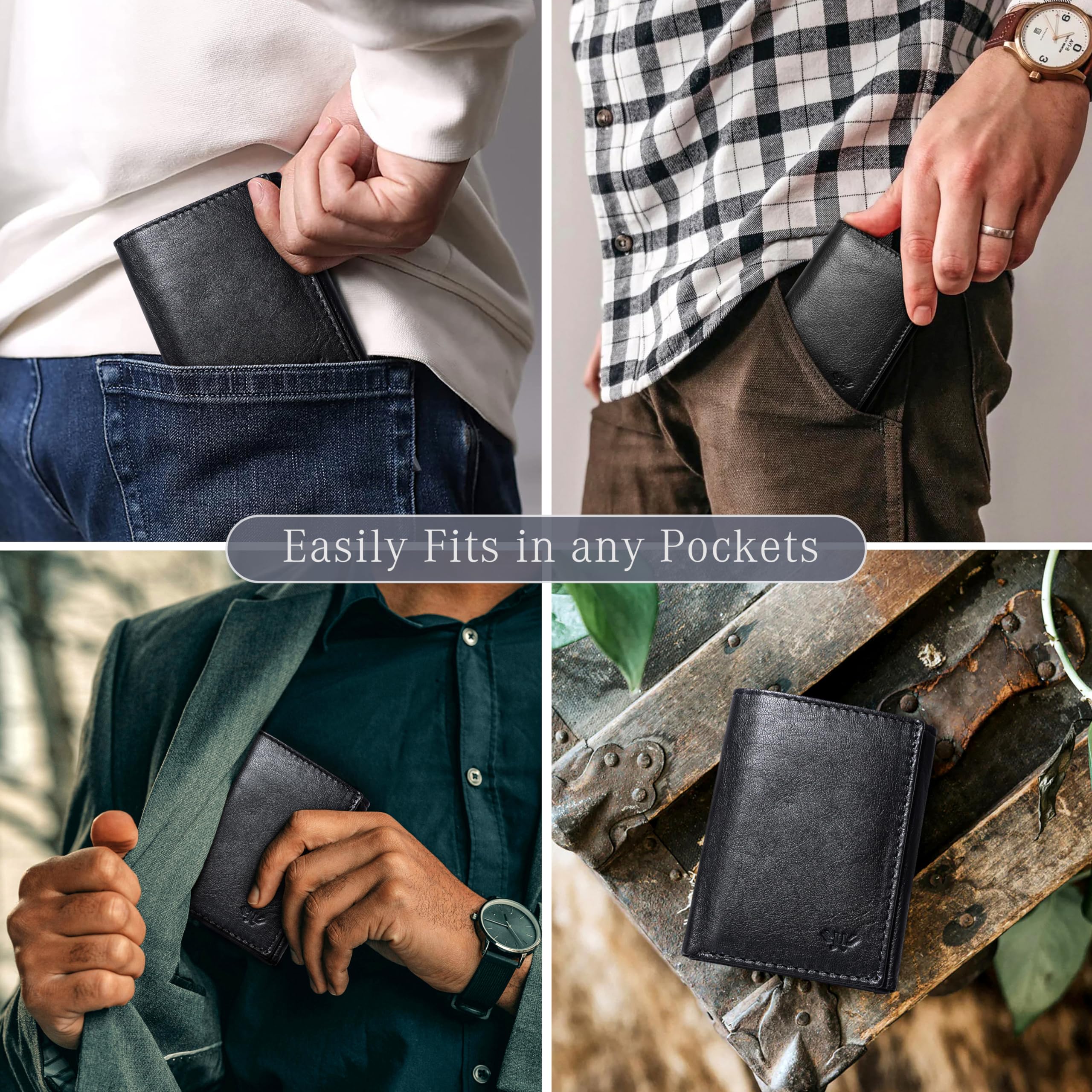 LUXEORIA Genuine Leather Wallet for Men - Handcrafted Slim RFID Blocking Trifold Travel Wallet - Minimalist Anti-Theft Design - Perfect for Everyday Use, Business Trips & Gifts - Black