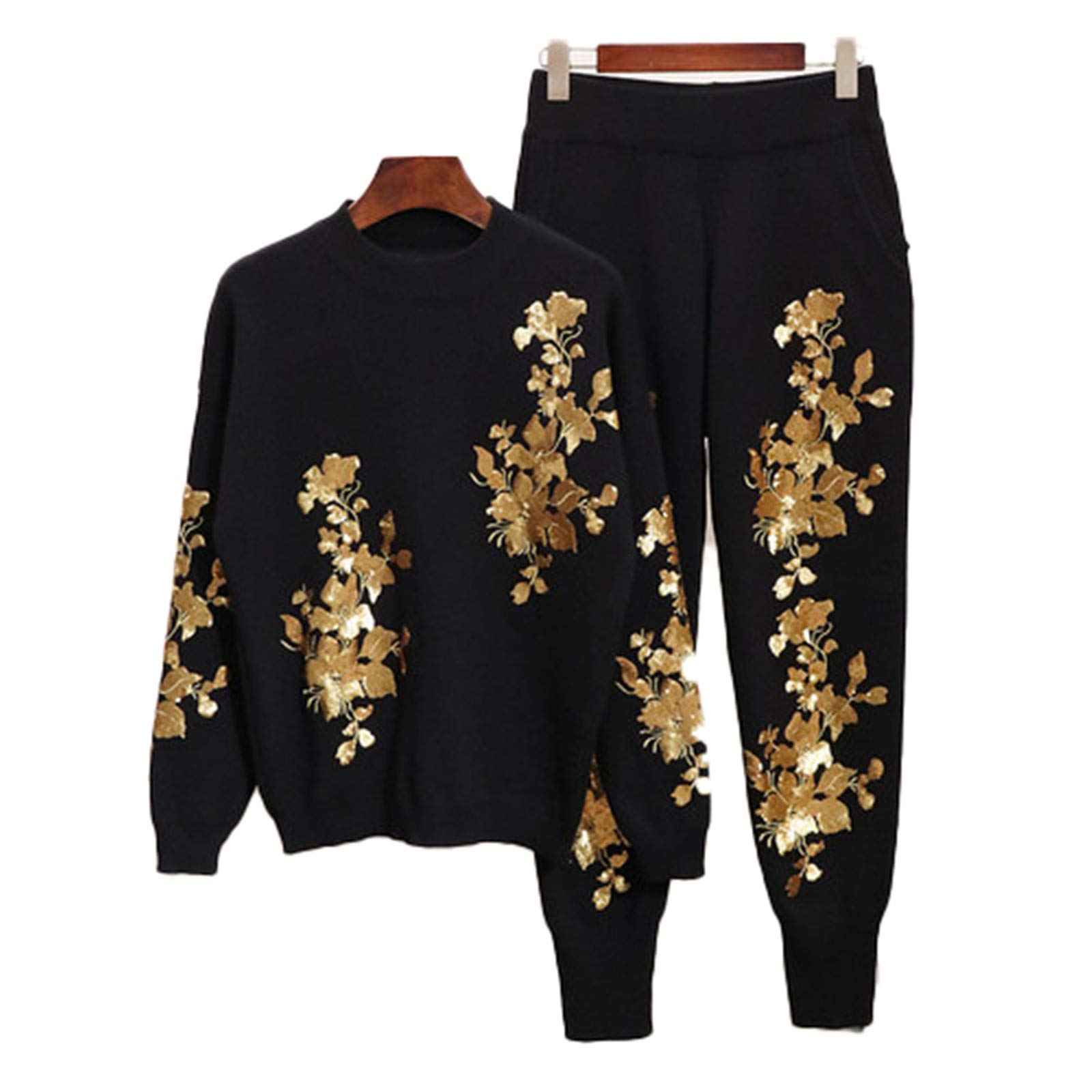 Women's Gold Leaf Embroidered Loose Pullover Sweater & Pants Set - Casual Two-Piece Outfit for Fall Fashion, Lounge Wear and Street Style