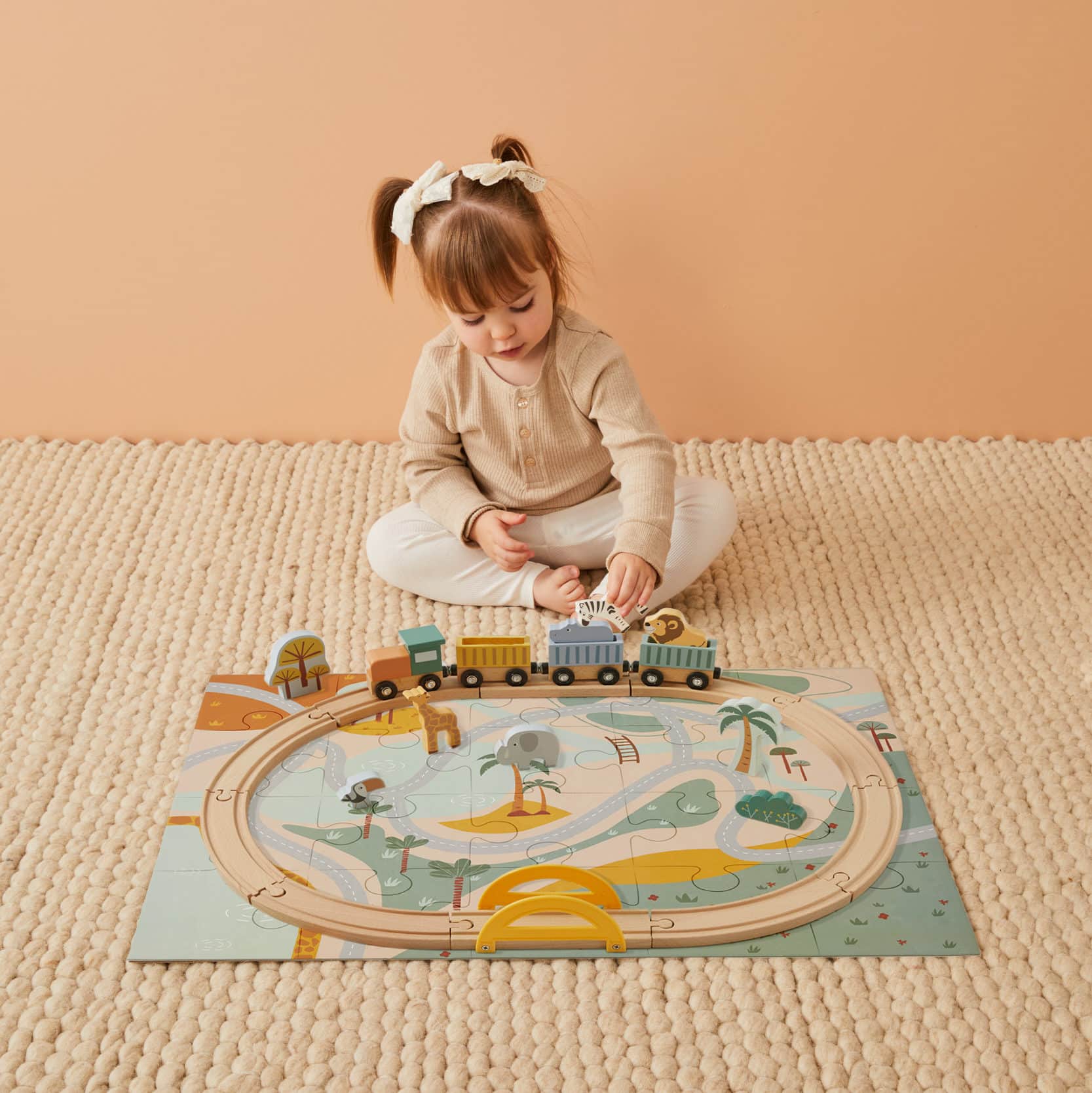 Wooden Jungle Animals Safari Train Track & Puzzle Set - Educational Toy for Kids, Perfect for Birthday Gifts & Pretend Play