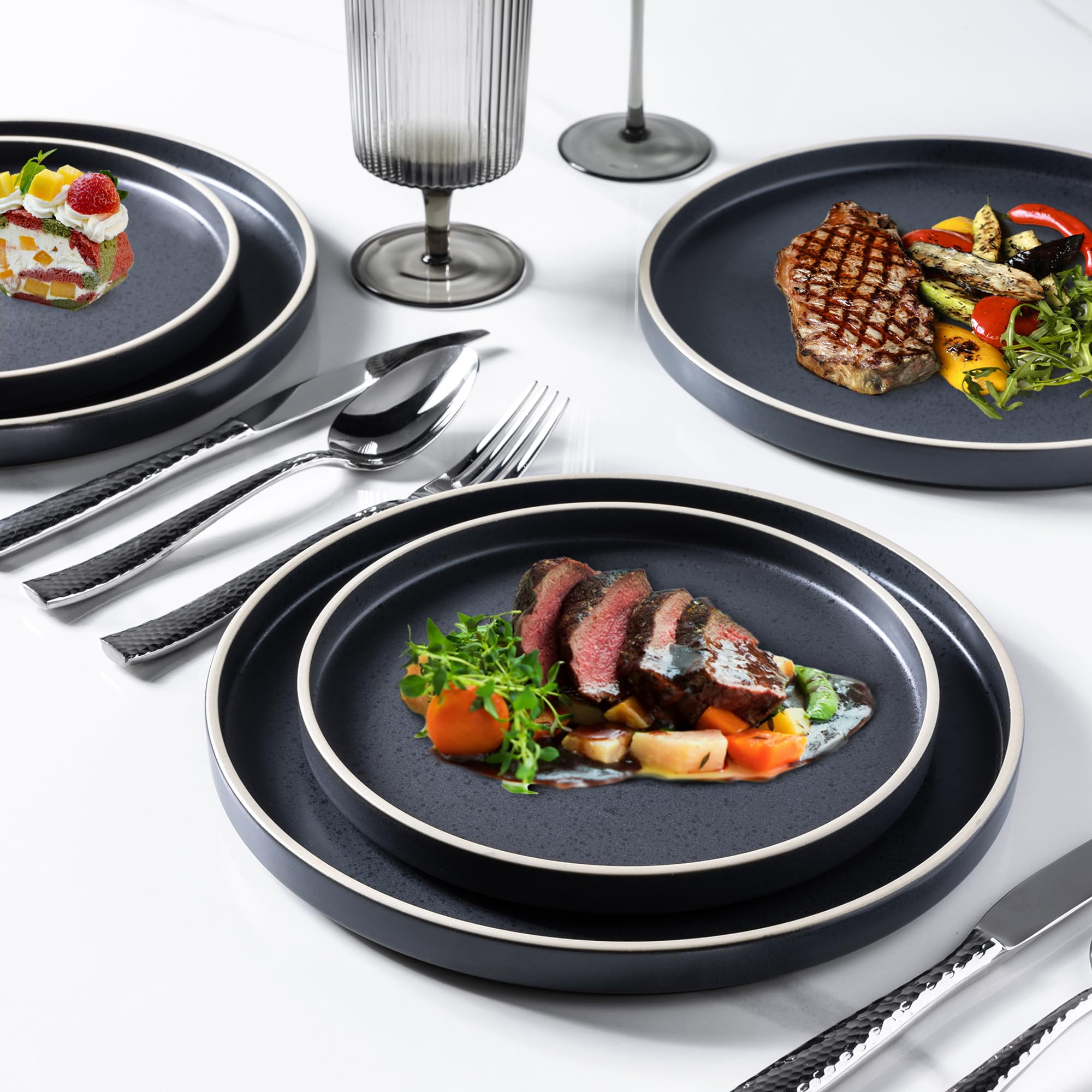 LERATIO 10.75 Inch Ceramic Dinner Plates Set of 6 - Modern Black & White Rim Dishes - Microwave, Dishwasher & Oven Safe - Perfect for Family Dinners, Restaurants & Party Serving