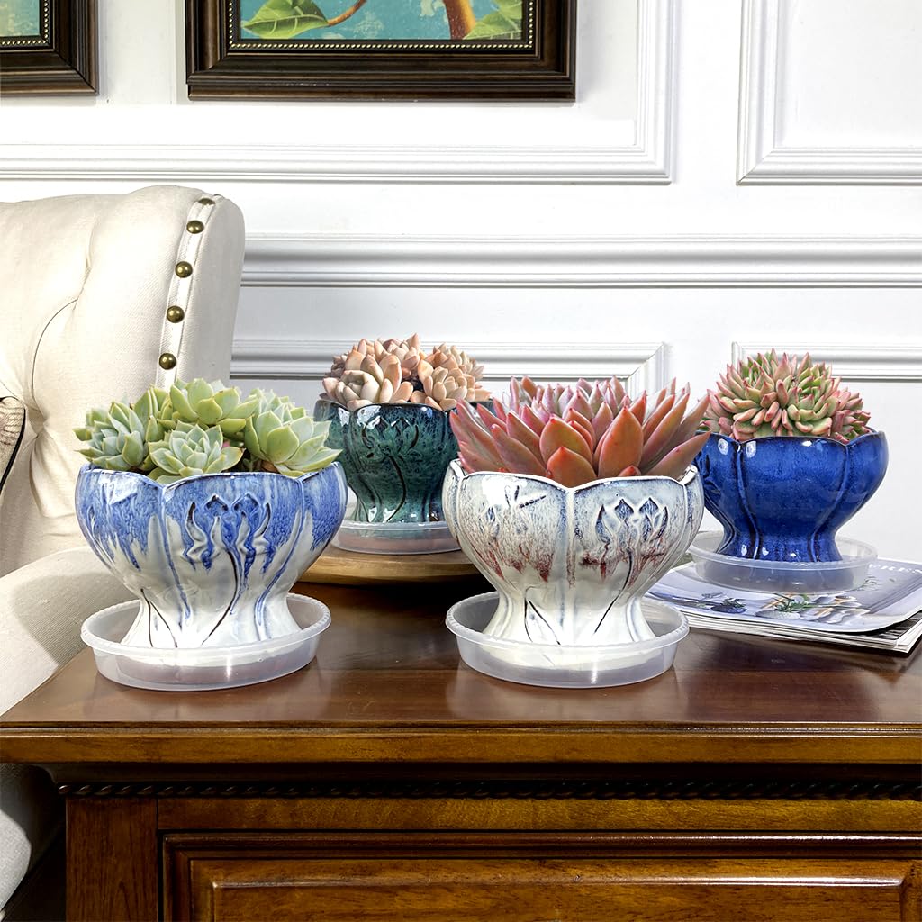 6.2 Inch Purple Glazed Terracotta Planter Pot with Drainage Hole & Saucer - Round Lotus Ceramic Flower Pot for Succulents, Cactus, Indoor Plants - Perfect for Home Decor, Office Desk, Garden & Balcony