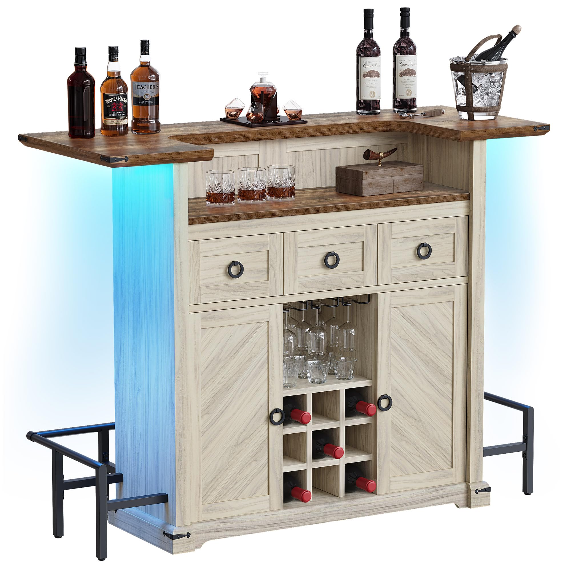 YITAHOME Farmhouse Bar Cabinet with LED Lights, Drawer & Wine Storage - Home Bar Unit with Glasses Holder & Footrest for Living Room, Kitchen, Dining Room - Off White & Walnut Grain Mini Bar Set